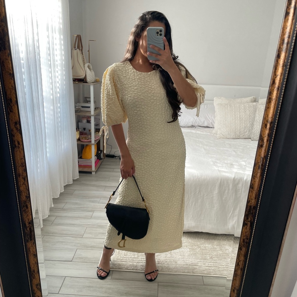 English Factory Cream Textured Puff Sleeve Dress - Picture 1 of 7